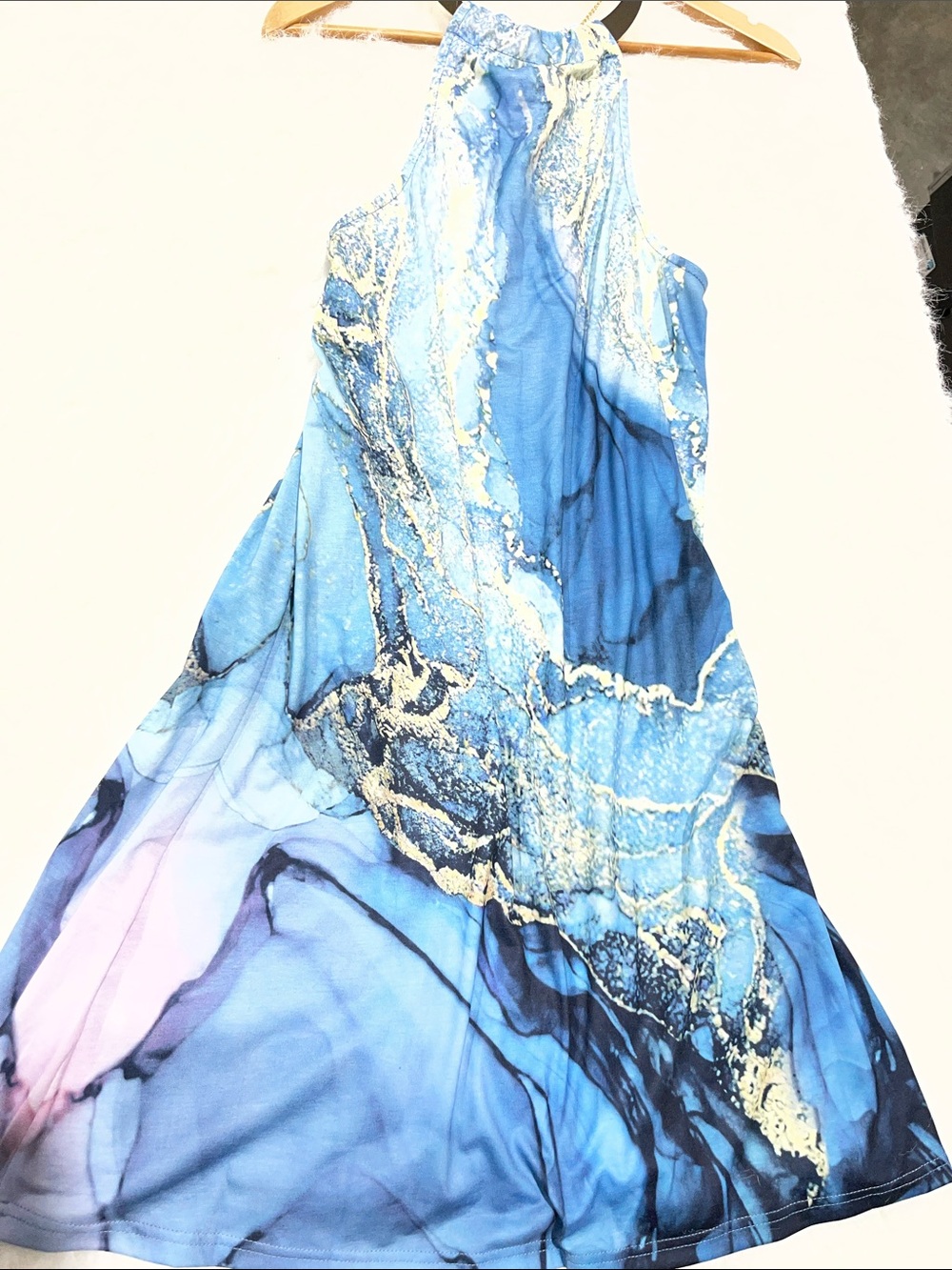 High-Neck Blue Marble Midi Dress with Gold Veining